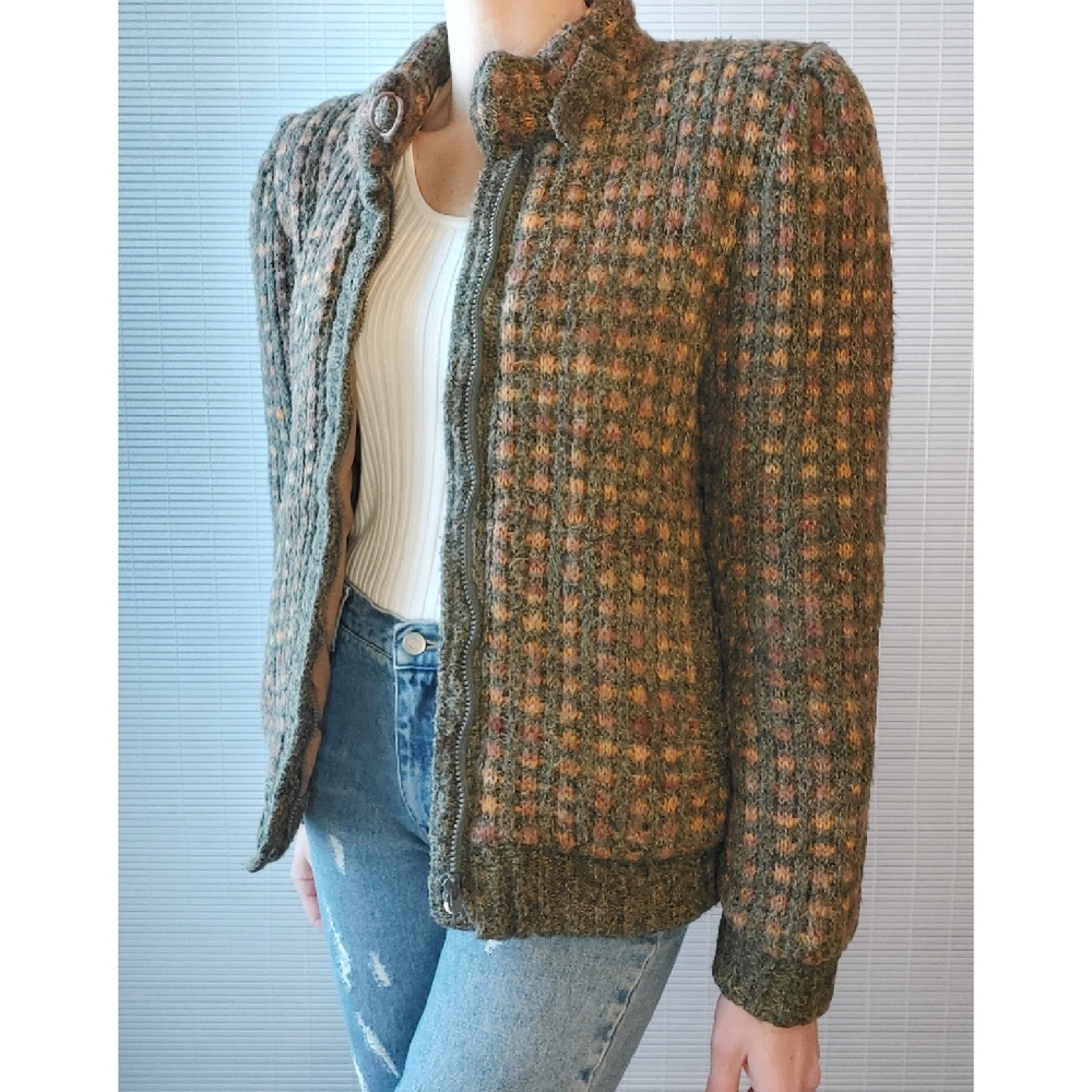 Vintage 80s Small Pink Gray Chunky Knit Fitted Bomber Jacket Sweater Coat